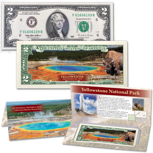 Yellowstone National Park Colorized $2 Note with holder Main Image