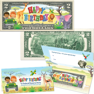 Colorized Happy Birthday $2 Note - Safari Animals Main Image