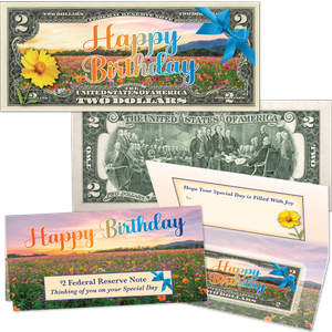 Colorized Flowers Happy Birthday $2 Note - Wildflowers Main Image