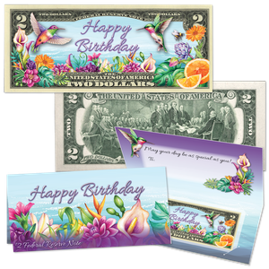 Colorized Hummingbirds Happy Birthday $2 Note - Hummingbirds Main Image