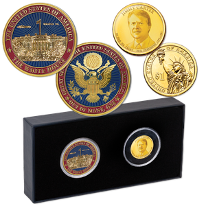 Jimmy Carter Golden Presidential Dollar and White House Challenge Coin Set Main Image