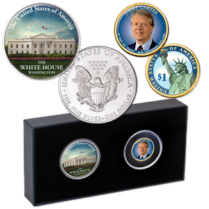 Jimmy Carter Golden Presidential Dollar and White House American Silver Eagle Set Main Image