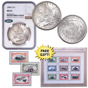 1898-O Morgan Silver Dollar with FREE Stamp Sheet Main Image
