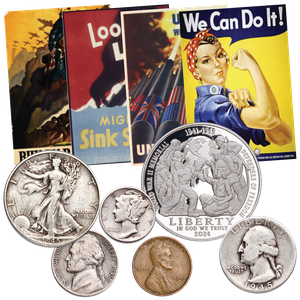 1945 U.S. Coin Year Set with 2024-P Greatest Generation Commemorative Silver Dollar & Propaganda Posters Main Image