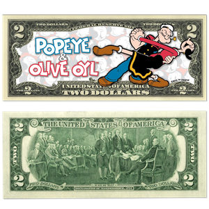 Popeye® and Olive Oyl™ Colorized $2 Note with Holder | Littleton