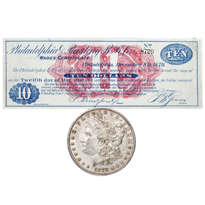1879 Philadelphia & Reading Railroad Wage Certificate & Morgan Silver Dollar Set Main Image