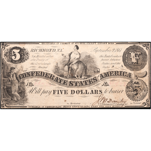 1861 $5 Confederate Note Main Image