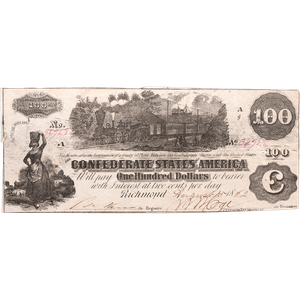 1862 $100 Confederate Note Main Image
