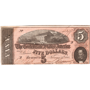 1864 $5 Confederate Note Main Image