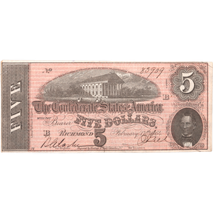 1864 $5 Confederate Note Main Image