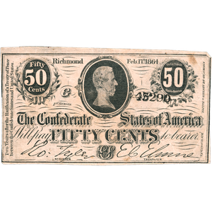 1864 Confederate States of America 50¢ Note Main Image