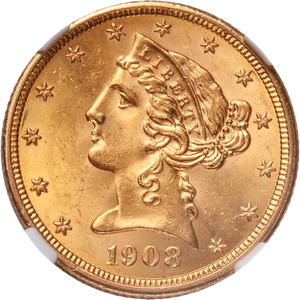 1908 Liberty Head $5 Gold Half Eagle Main Image