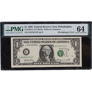 1999 $1 Federal Reserve Note, Misalign-Overprint Main Image