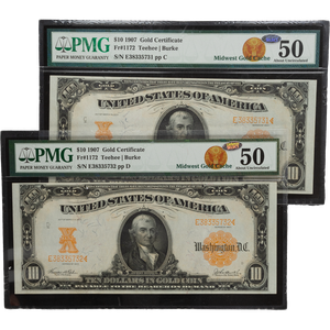 1907 $10 Gold Certificates, Two Consecutive Serial Numbers Main Image