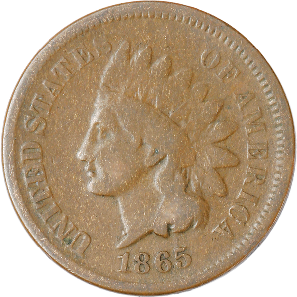 1865 Indian Head Cent, Variety 3, Bronze, Plain 5 G