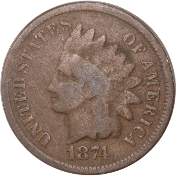 1874 Indian Head Cent, Variety 3, Bronze