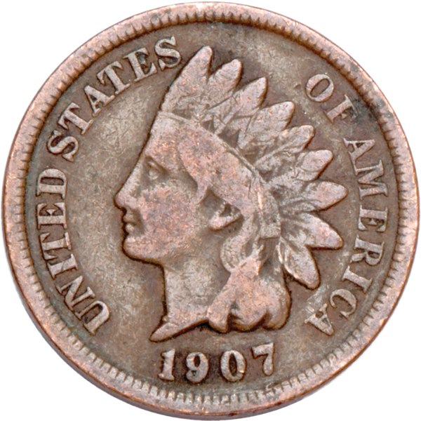 1907 Indian Head Cent, Variety 3, Bronze