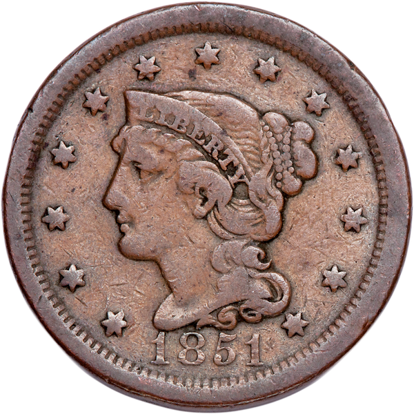 1851 Braided Hair Large Cent, Normal Date