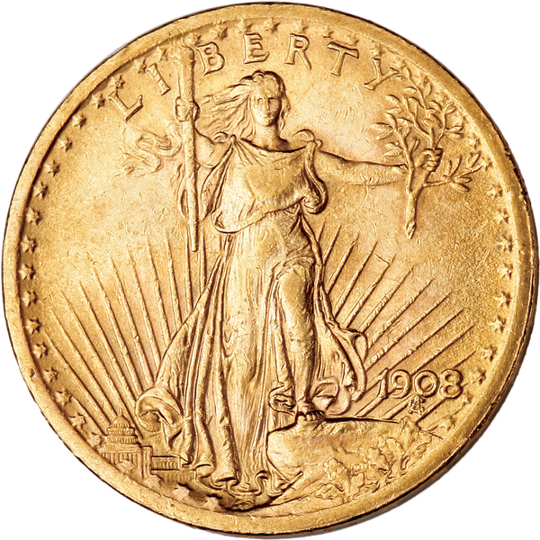 1908 Saint-Gaudens $20 Gold, No Motto