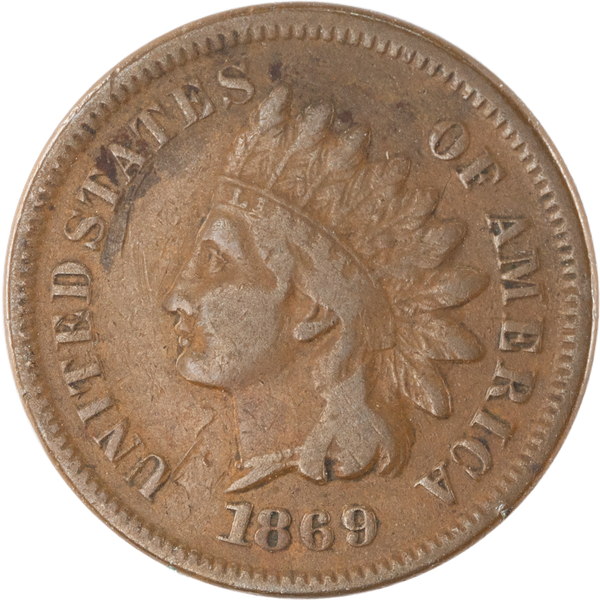 1869, 9/9 Indian Head Cent, Variety 3, Bronze