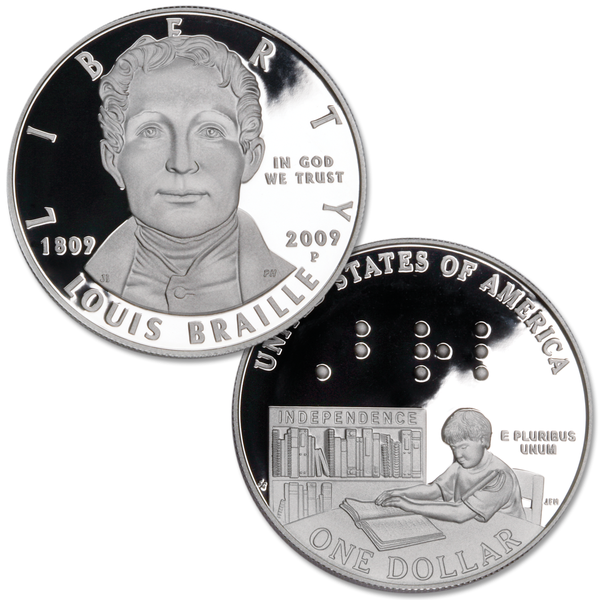 2009 Louis Braille Bicentennial Commemorative 90% Silver Dollar w/ OGP