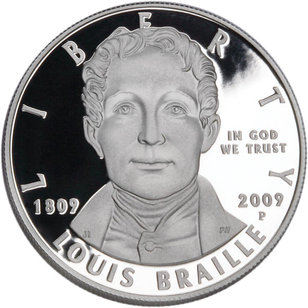 2009 Louis Braille Bicentennial Silver Dollar containing 90