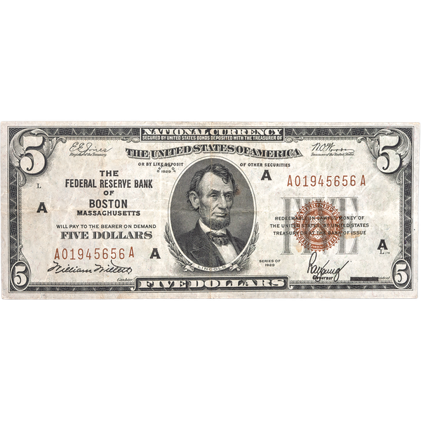 1929 $5 Federal Reserve Bank Note