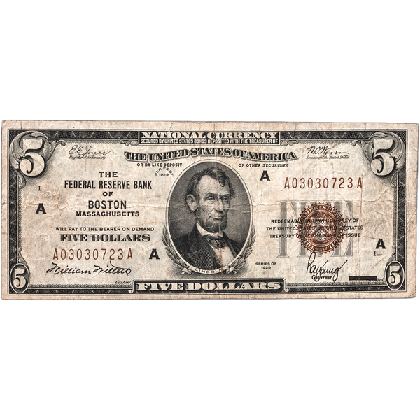 1929 $5 Federal Reserve Bank Note