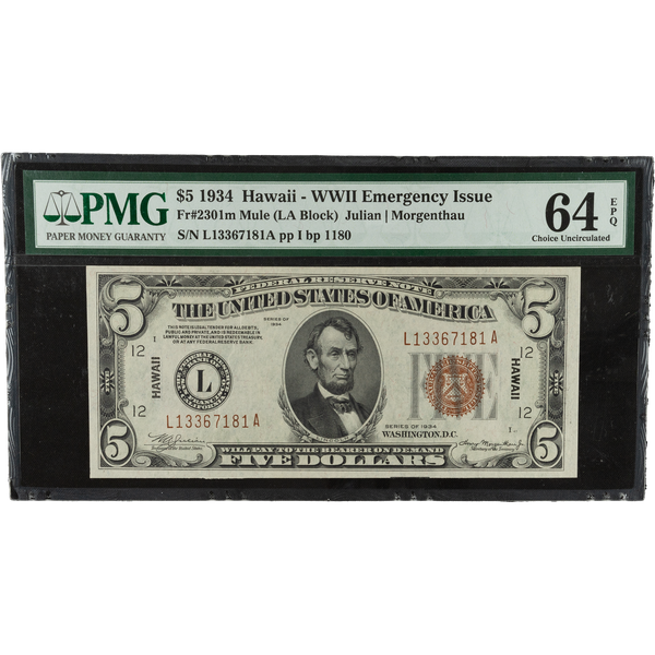 1934 $5 Federal Reserve Note Hawaii Mule Note