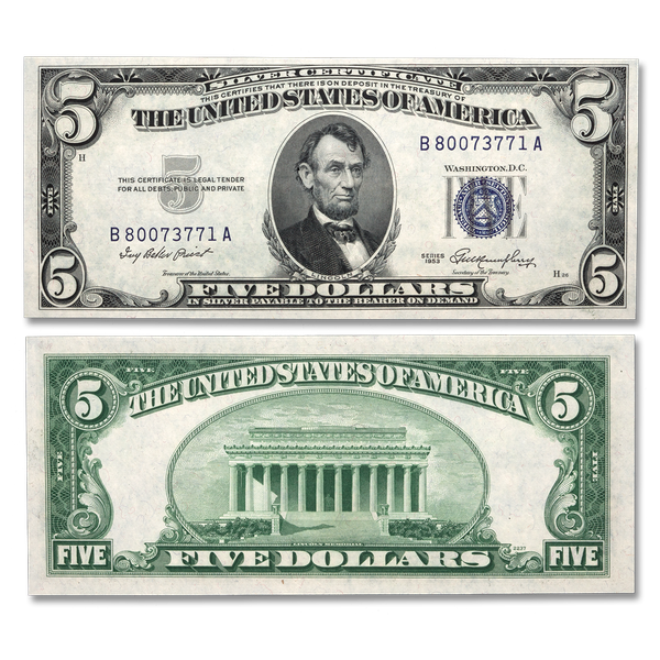 1953 Five Dollar Silver Certificate $5 Bill Blue Seal Note FREE SHIPPING-1  Note