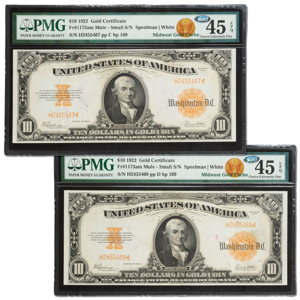 1922 $10 Gold Certificate, 2 Consecutive Serial Numbers
