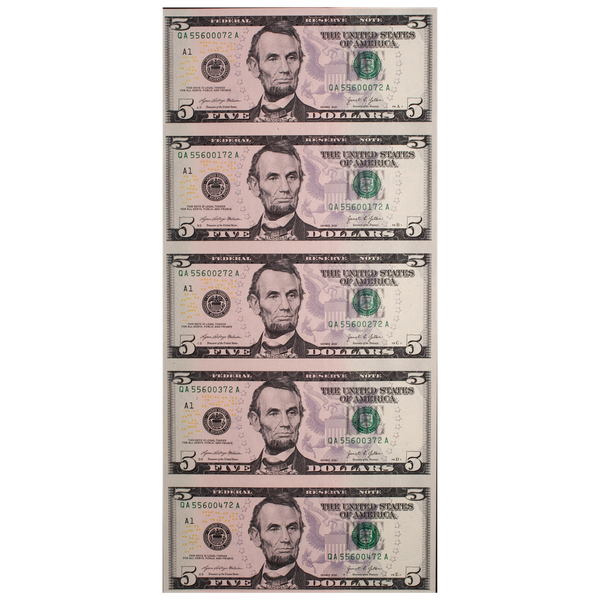 Uncut Sheet of Five Series 2021 $5 Federal Reserve Notes