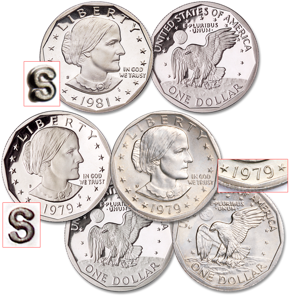 1979-1981 3 Varieties Susan B. Anthony Dollar Set