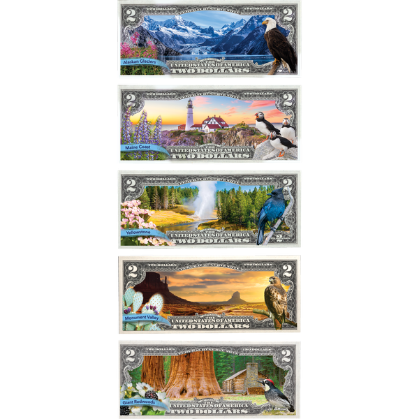 Colorized $2 Federal Reserve Note Great American Landscapes Set