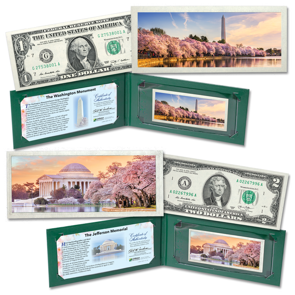 Colorized Monuments $1 & $2 Federal Reserve Note Set