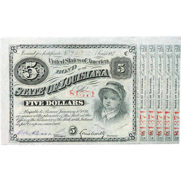 1880s Single Red-Serials $5 State of Louisiana Bond, Crisp Unused
