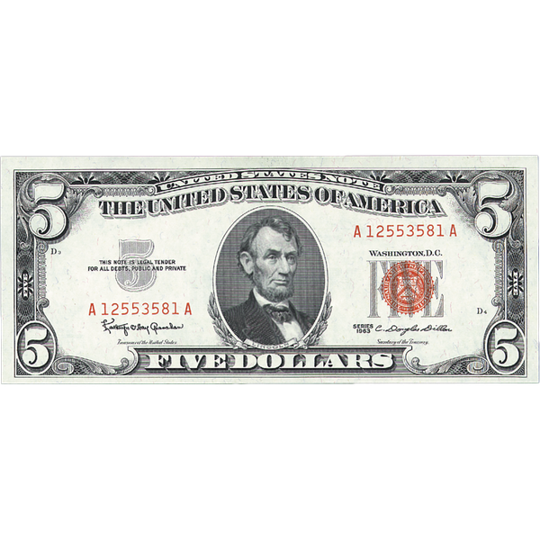 1963 $5 Legal Tender Note, Choice Crisp Uncirculated
