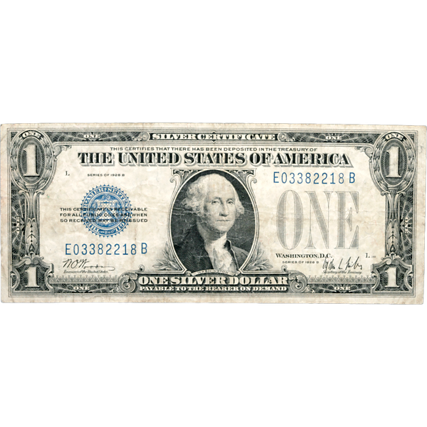 1928B $1 Silver Certificate, "Funnyback" VG