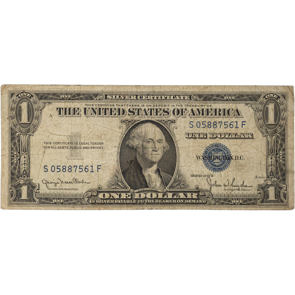 1935D $1 Silver Certificate, Wide Design VG