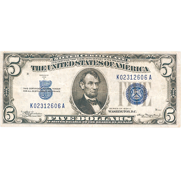 1934A $5 Silver Certificate F