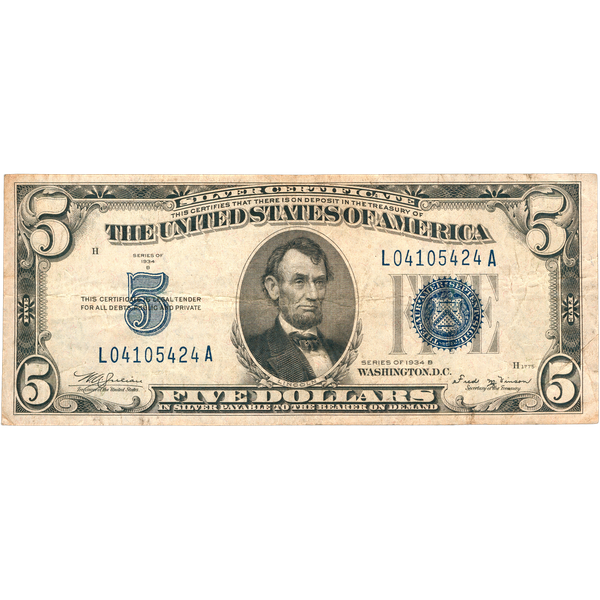 1934B $5 Silver Certificate