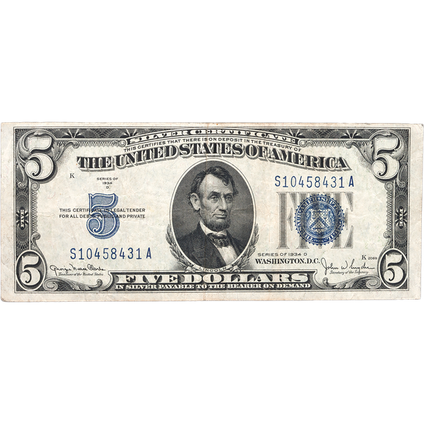 1934D $5 Silver Certificate F