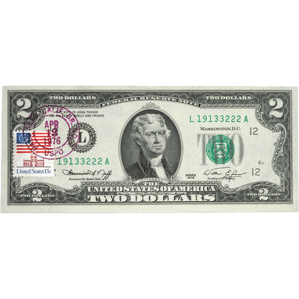 1976 $2 Federal Reserve Note 1st Day of Issue W/Stamp