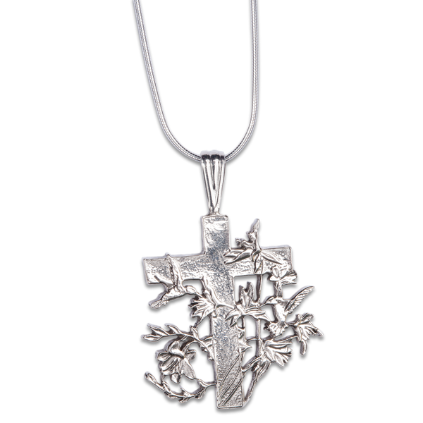 Cross & Hummingbirds Sterling Silver Necklace