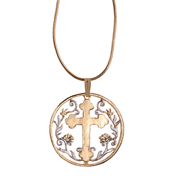 Cross with Flowers Cut Coin Necklace | Littleton Coin Company