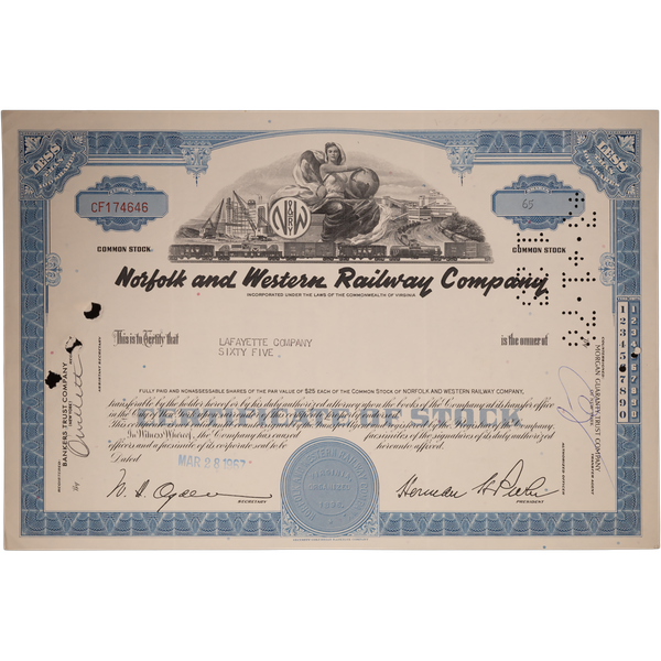 1950-1970s Norfolk & Western Railway Company Stock with History Page