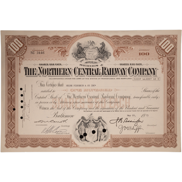 1940-1970's Northern Central Railway Company Stock with History Page
