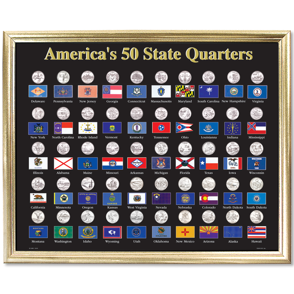 50 State Framed Flag Display for Quarters