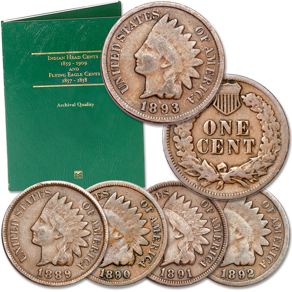 1889-1893 5 Consecutive Indian Head Cents with Free Folder