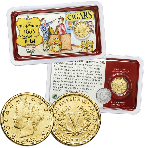 1883 "No Cents" Gold-Plated Liberty Head Nickel in Showpak